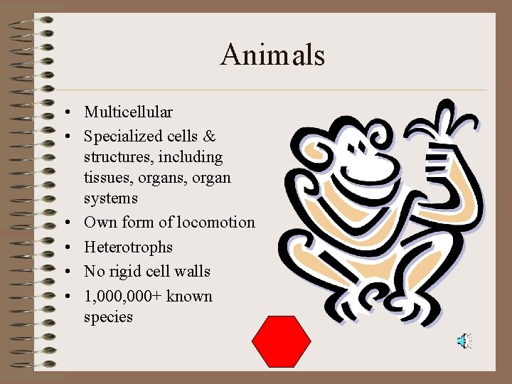 Animals • Multicellular • Specialized cells & structures, including tissues, organ systems • Own