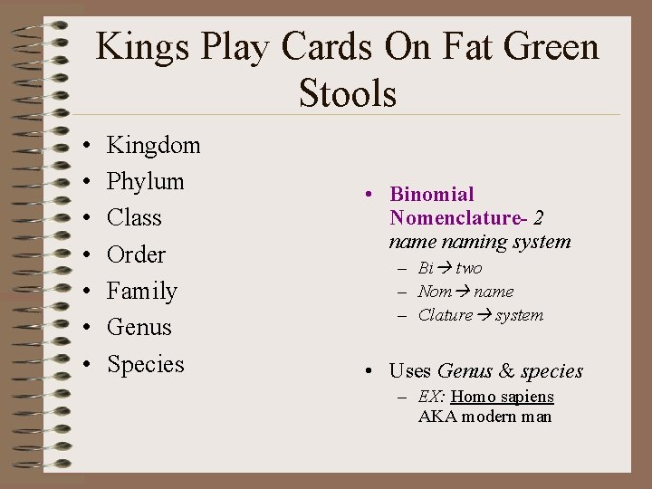 Kings Play Cards On Fat Green Stools • • Kingdom Phylum Class Order Family