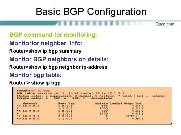 Basic BGP Configuration BGP command for monitoring: Monitorior neighber info: Router>show ip bgp summary