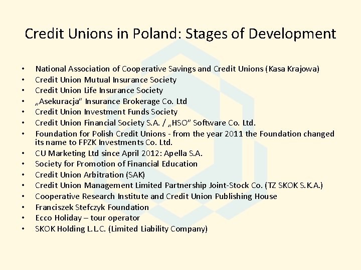 Credit Unions in Poland: Stages of Development • • • • National Association of