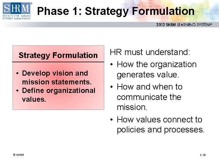 Phase 1: Strategy Formulation • Develop vision and mission statements. • Define organizational values.