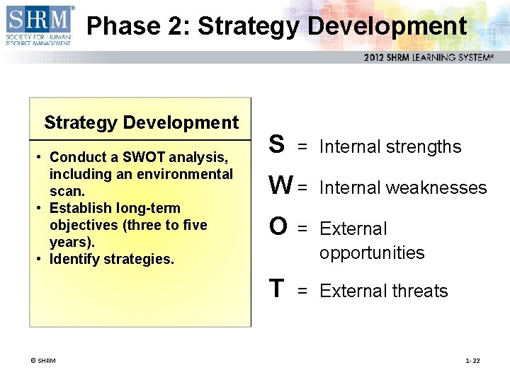 Phase 2: Strategy Development • Conduct a SWOT analysis, including an environmental scan. •