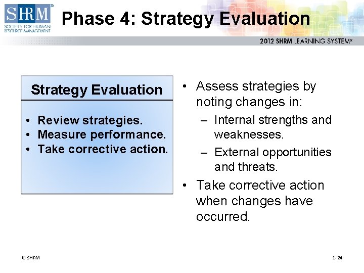Phase 4: Strategy Evaluation • Review strategies. • Measure performance. • Take corrective action.