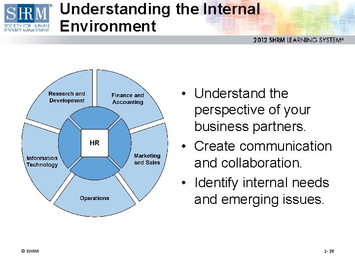 Understanding the Internal Environment • Understand the perspective of your business partners. • Create