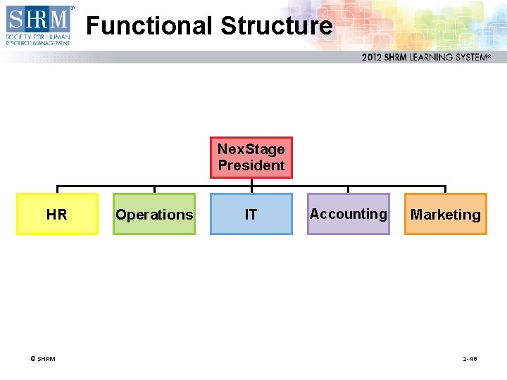 Functional Structure Nex. Stage President HR © SHRM Operations IT Accounting Marketing 1 -46