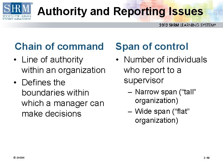 Authority and Reporting Issues Chain of command Span of control • Line of authority
