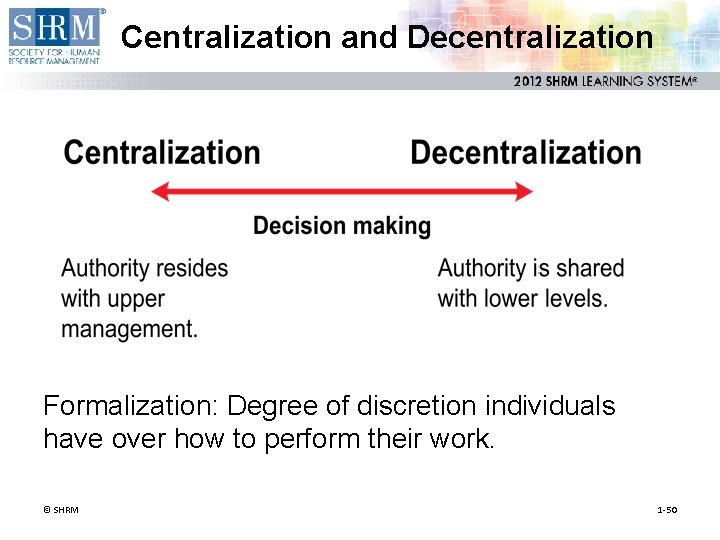 Centralization and Decentralization Formalization: Degree of discretion individuals have over how to perform their