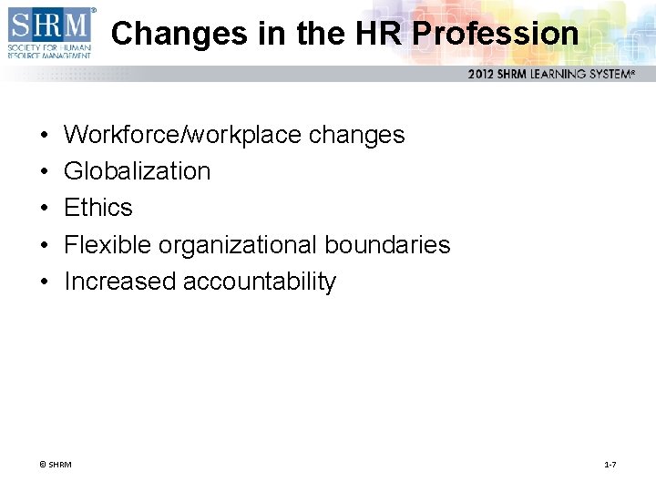 Changes in the HR Profession • • • Workforce/workplace changes Globalization Ethics Flexible organizational