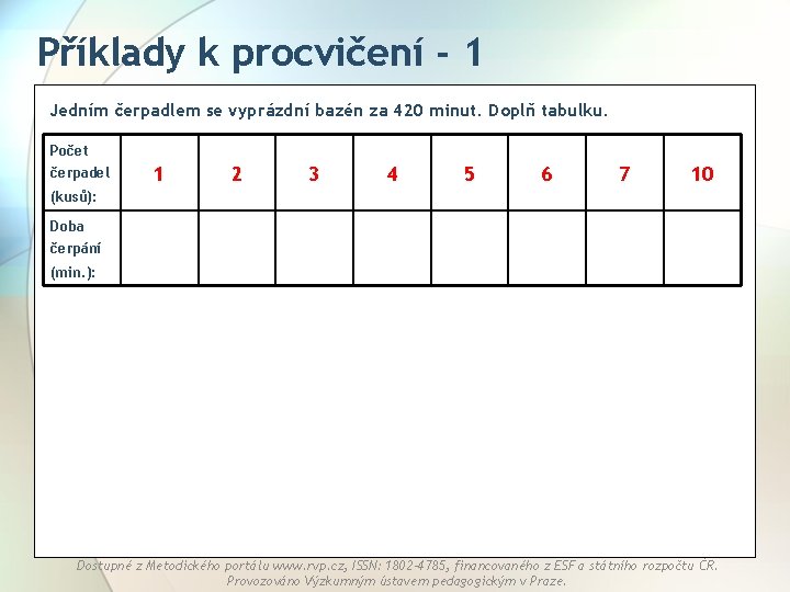 Příklady k procvičení - 1 Jedním čerpadlem se vyprázdní bazén za 420 minut. Doplň