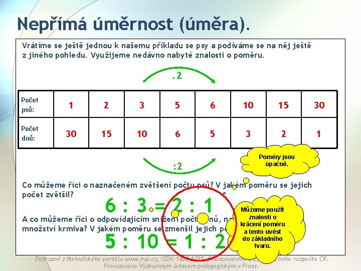 Nepřímá úměrnost (úměra). Vrátíme se ještě jednou k našemu příkladu se psy a podíváme