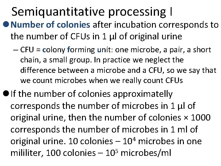 Semiquantitative processing I l Number of colonies after incubation corresponds to the number of