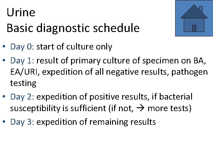 Urine Basic diagnostic schedule • Day 0: start of culture only • Day 1: