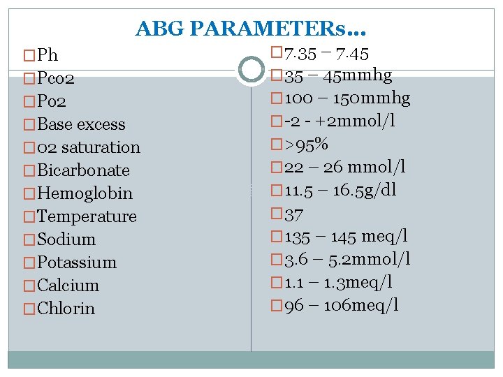 ABG PARAMETERs. . . �Ph �Pco 2 �Po 2 �Base excess � 02 saturation