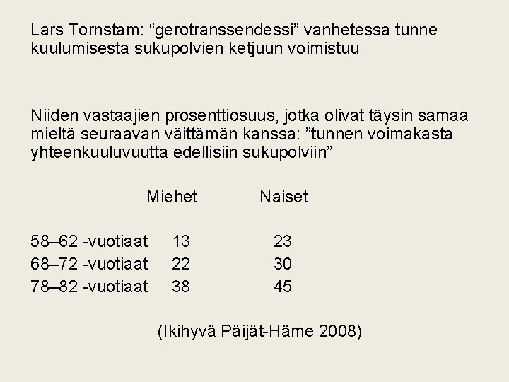 Lars Tornstam: “gerotranssendessi” vanhetessa tunne kuulumisesta sukupolvien ketjuun voimistuu Niiden vastaajien prosenttiosuus, jotka olivat