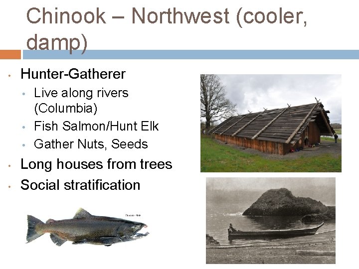 Chinook – Northwest (cooler, damp) • Hunter-Gatherer • • • Live along rivers (Columbia)