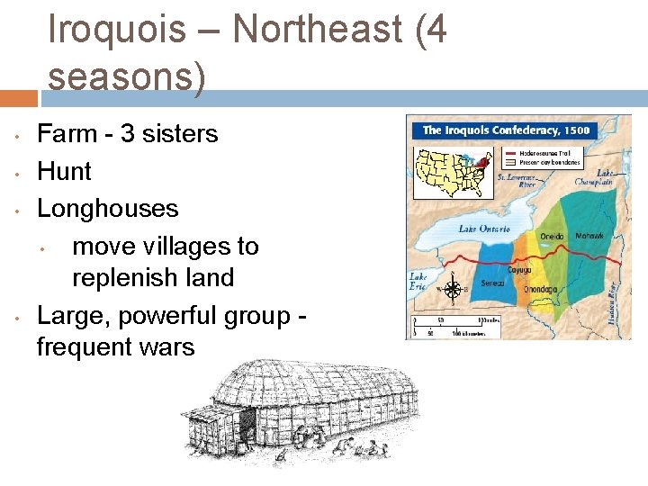 Iroquois – Northeast (4 seasons) • • Farm - 3 sisters Hunt Longhouses •