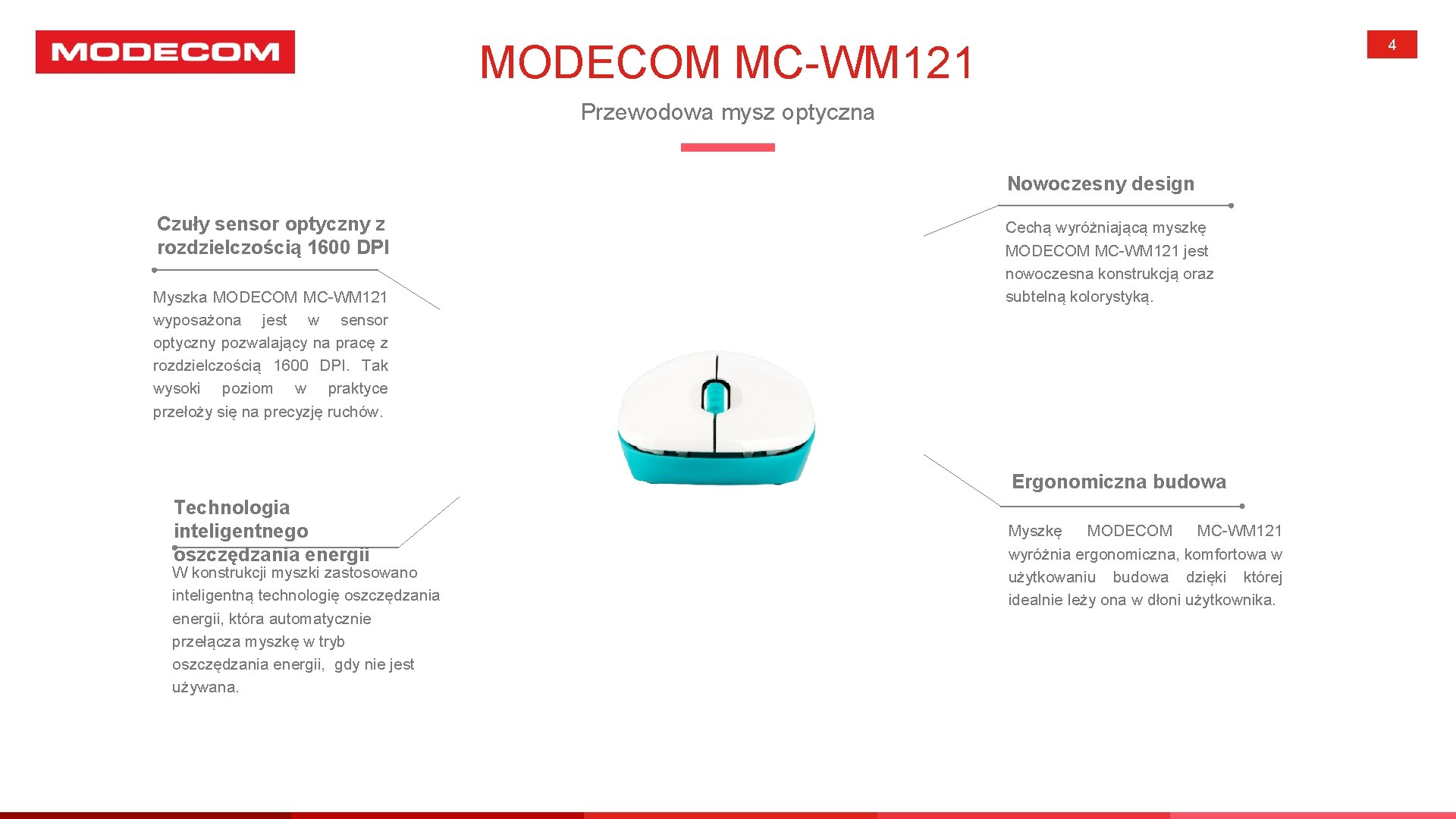 4 MODECOM MC-WM 121 Przewodowa mysz optyczna Nowoczesny design Czuły sensor optyczny z rozdzielczością