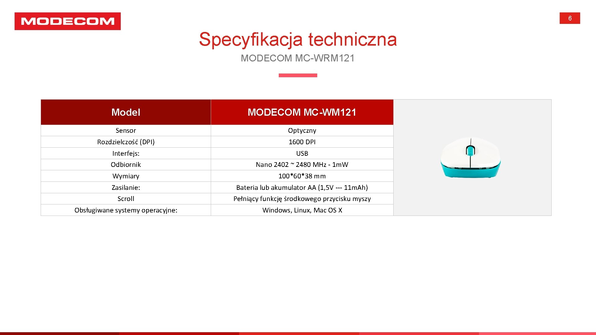 6 Specyfikacja techniczna MODECOM MC-WRM 121 Model MODECOM MC-WM 121 Sensor Optyczny Rozdzielczość (DPI)