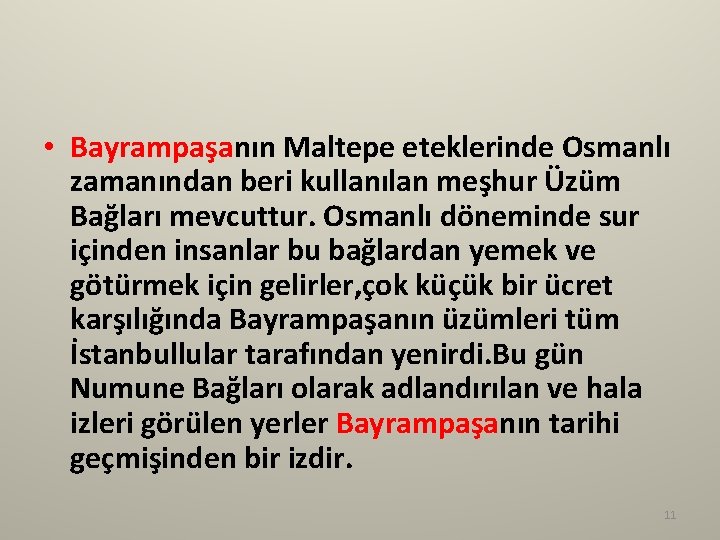  • Bayrampaşanın Maltepe eteklerinde Osmanlı zamanından beri kullanılan meşhur Üzüm Bağları mevcuttur. Osmanlı