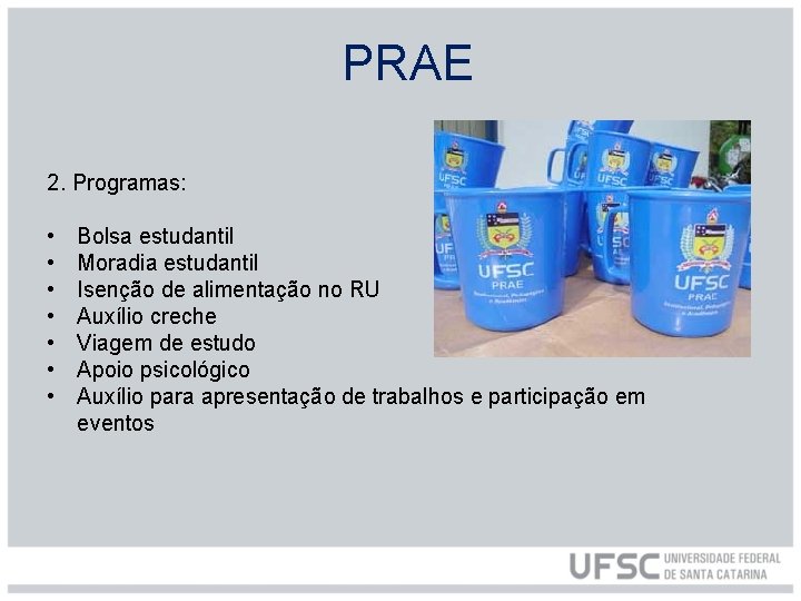 PRAE 2. Programas: • • Bolsa estudantil Moradia estudantil Isenção de alimentação no RU