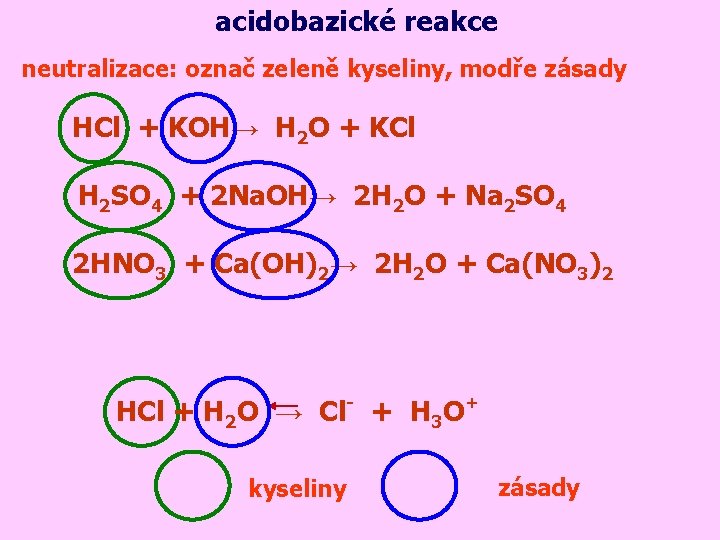 acidobazické reakce neutralizace: označ zeleně kyseliny, modře zásady HCl + KOH→ H 2 O