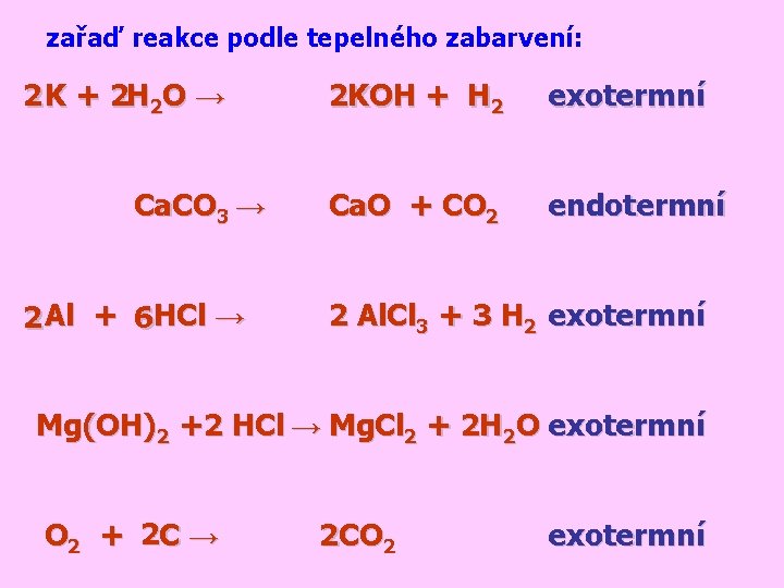 zařaď reakce podle tepelného zabarvení: 2 K + 2 H 2 O → Ca.