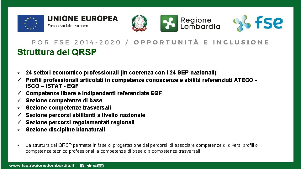 Struttura del QRSP ü 24 settori economico professionali (in coerenza con i 24 SEP