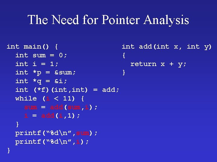 The Need for Pointer Analysis int main() { int add(int x, int y) int The Need for Pointer Analysis int main() { int add(int x, int y) int