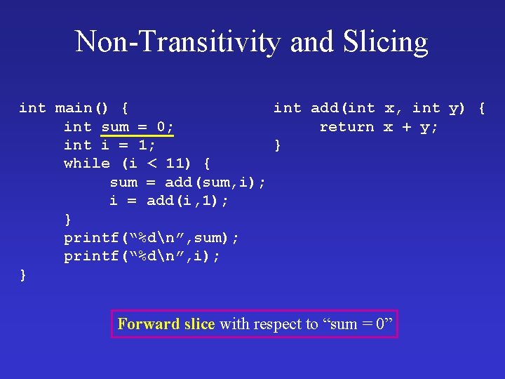Non-Transitivity and Slicing int main() { int add(int x, int y) { int sum Non-Transitivity and Slicing int main() { int add(int x, int y) { int sum