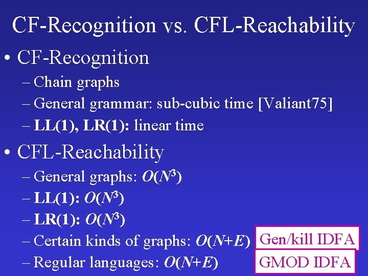 CF-Recognition vs. CFL-Reachability • CF-Recognition – Chain graphs – General grammar: sub-cubic time [Valiant