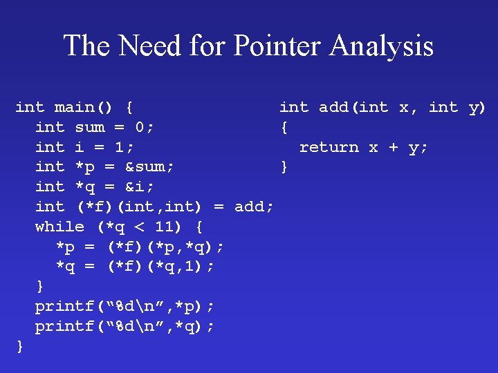 The Need for Pointer Analysis int main() { int add(int x, int y) int The Need for Pointer Analysis int main() { int add(int x, int y) int