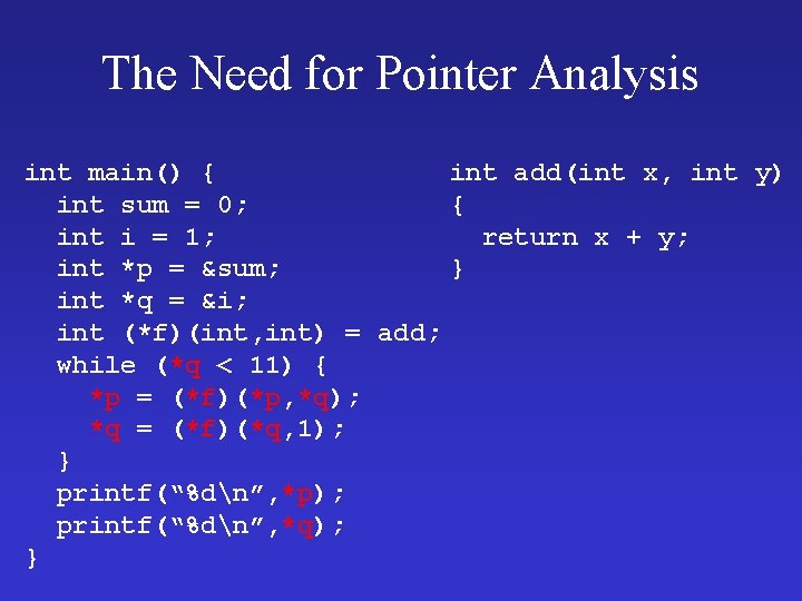 The Need for Pointer Analysis int main() { int add(int x, int y) int The Need for Pointer Analysis int main() { int add(int x, int y) int