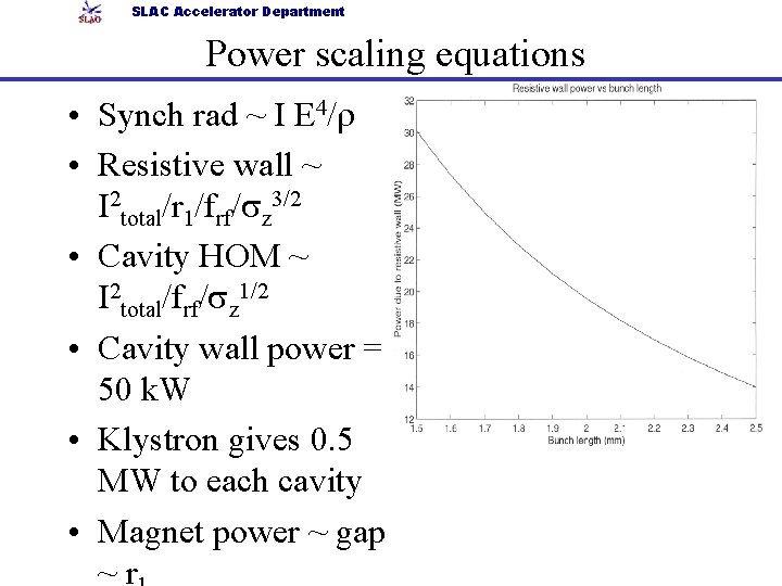 SLAC Accelerator Department Power scaling equations • Synch rad ~ I E 4/r •