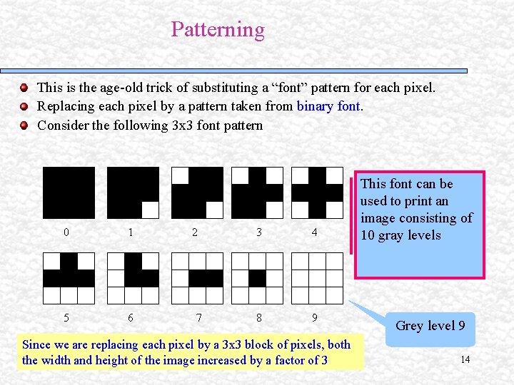 Patterning This is the age-old trick of substituting a “font” pattern for each pixel. Patterning This is the age-old trick of substituting a “font” pattern for each pixel.