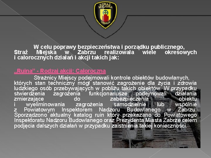 W celu poprawy bezpieczeństwa i porządku publicznego, Straż Miejska w Zabrzu realizowała wiele okresowych