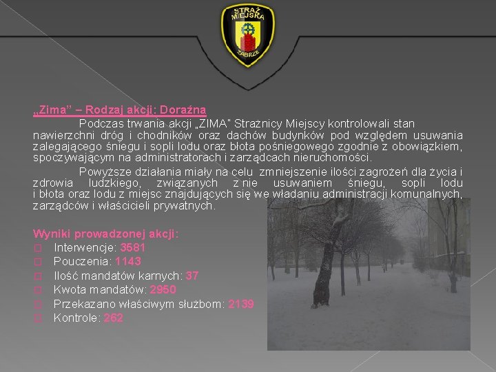„Zima” – Rodzaj akcji: Doraźna Podczas trwania akcji „ZIMA” Strażnicy Miejscy kontrolowali stan nawierzchni „Zima” – Rodzaj akcji: Doraźna Podczas trwania akcji „ZIMA” Strażnicy Miejscy kontrolowali stan nawierzchni