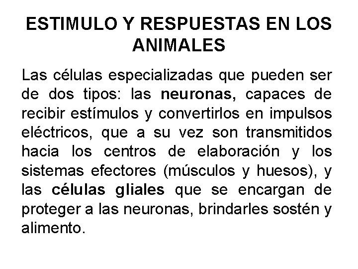 ESTIMULO Y RESPUESTAS EN LOS ANIMALES Las células especializadas que pueden ser de dos