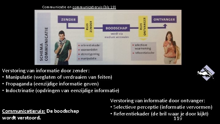 Communicatie en communicatieruis (blz 19) Verstoring van informatie door zender: • Manipulatie (weglaten of