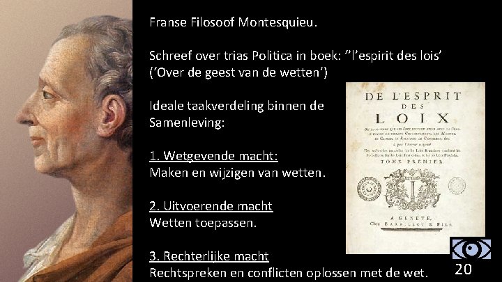 Franse Filosoof Montesquieu. Schreef over trias Politica in boek: ‘’l’espirit des lois’ (‘Over de