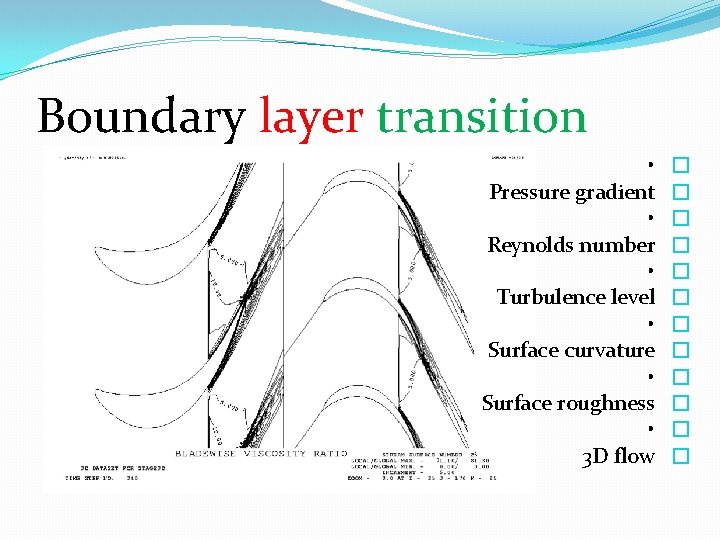 Boundary layer transition • Pressure gradient • Reynolds number • Turbulence level • Surface