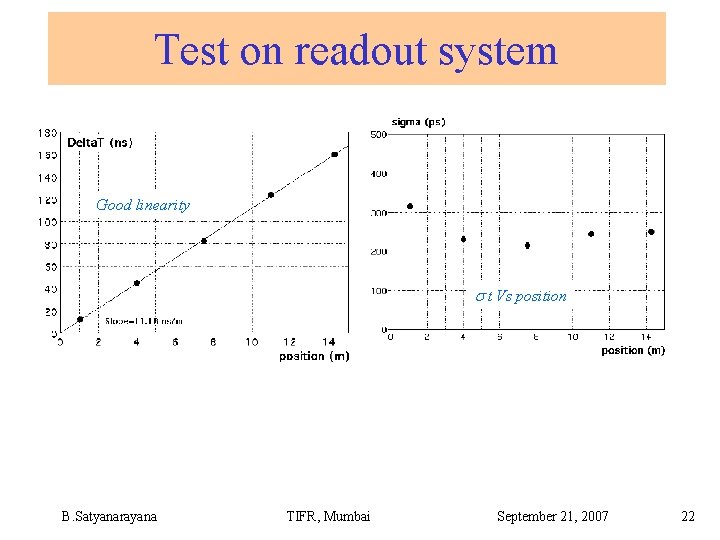 Test on readout system Good linearity s t Vs position B. Satyanarayana TIFR, Mumbai