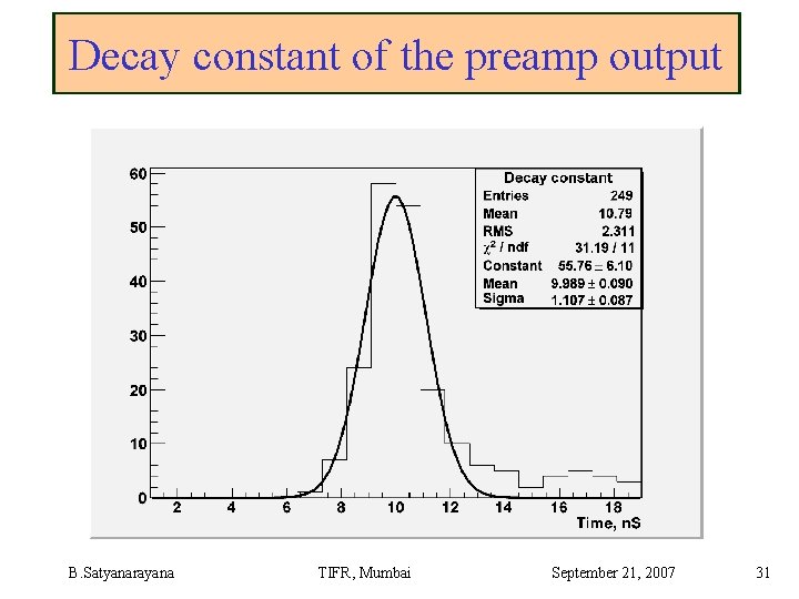 Decay constant of the preamp output B. Satyanarayana TIFR, Mumbai September 21, 2007 31