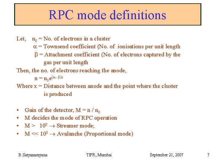 RPC mode definitions Let, n 0 = No. of electrons in a cluster =