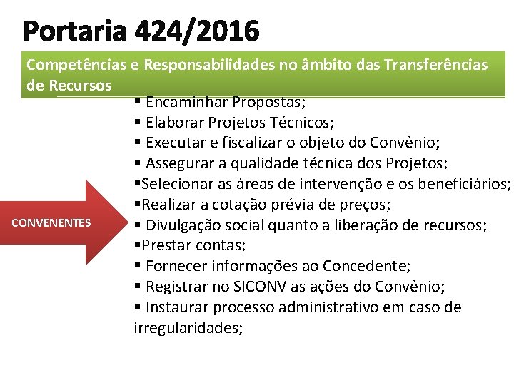Portaria 424/2016 Competências e Responsabilidades no âmbito das Transferências de Recursos § Encaminhar Propostas; Portaria 424/2016 Competências e Responsabilidades no âmbito das Transferências de Recursos § Encaminhar Propostas;