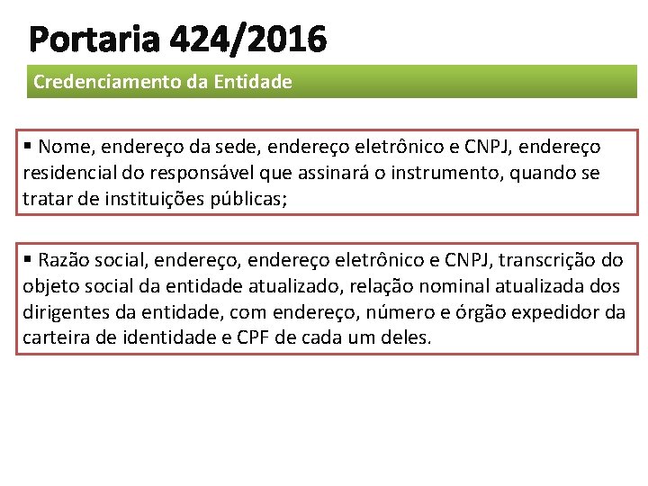 Portaria 424/2016 Credenciamento da Entidade § Nome, endereço da sede, endereço eletrônico e CNPJ,