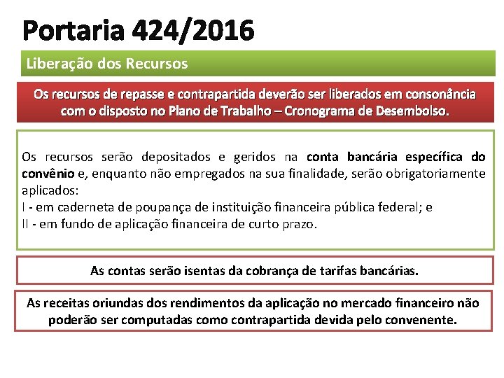 Portaria 424/2016 Liberação dos Recursos Os recursos de repasse e contrapartida deverão ser liberados