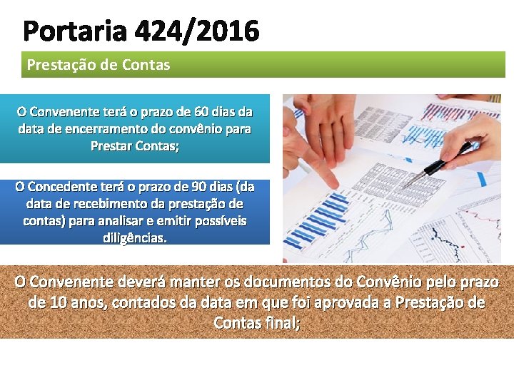 Portaria 424/2016 Prestação de Contas O Convenente terá o prazo de 60 dias da