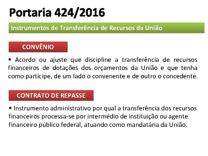 Portaria 424/2016 Instrumentos de Transferência de Recursos da União CONVÊNIO § Acordo ou ajuste