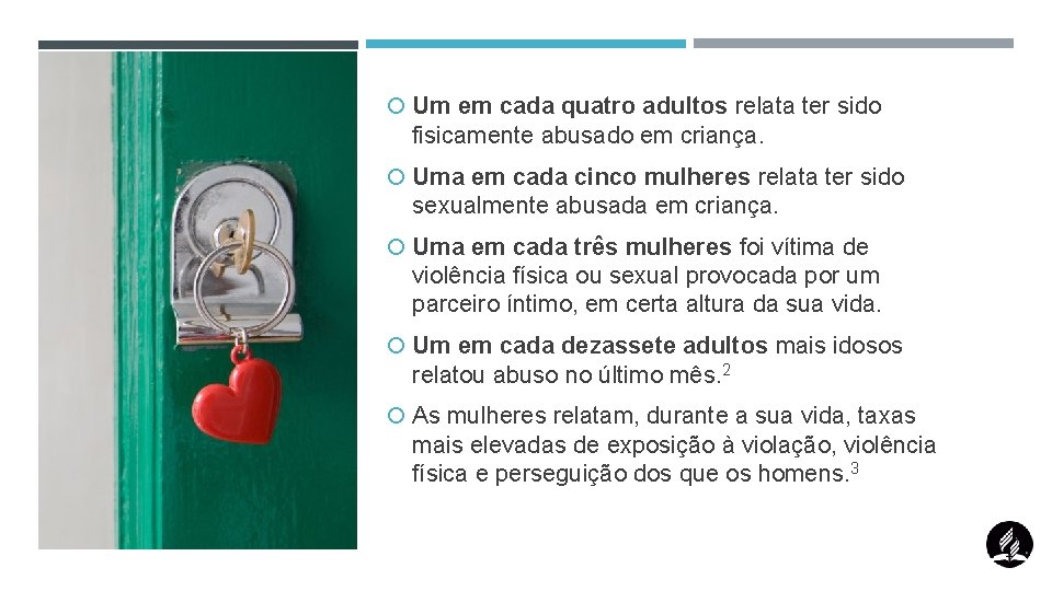  Um em cada quatro adultos relata ter sido fisicamente abusado em criança. Uma