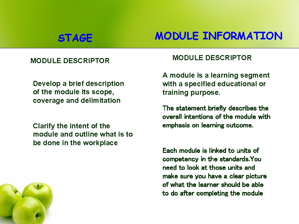 STAGE MODULE DESCRIPTOR Develop a brief description of the module its scope, coverage and